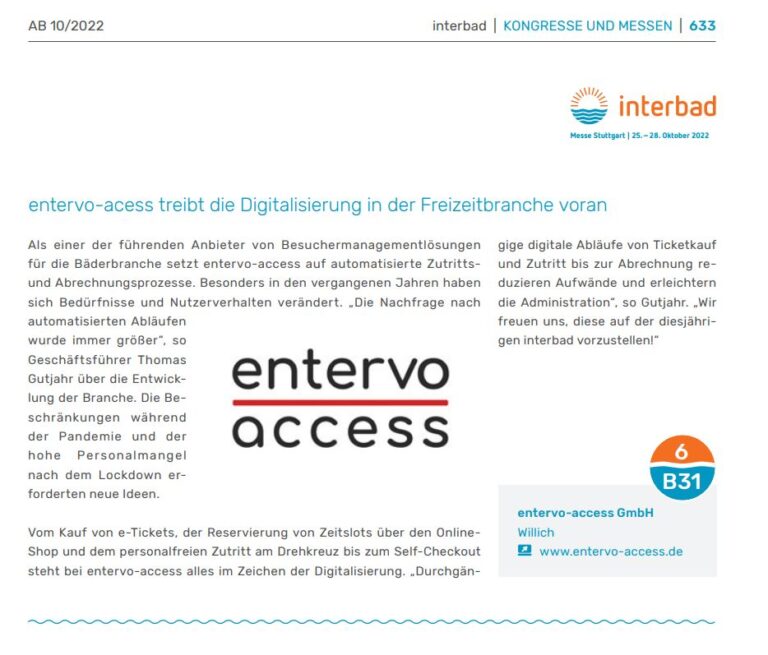 Read more about the article Archiv des Badewesens 10/2022: entervo-access treibt die Digitalisierung in der Freizeitbranche voran