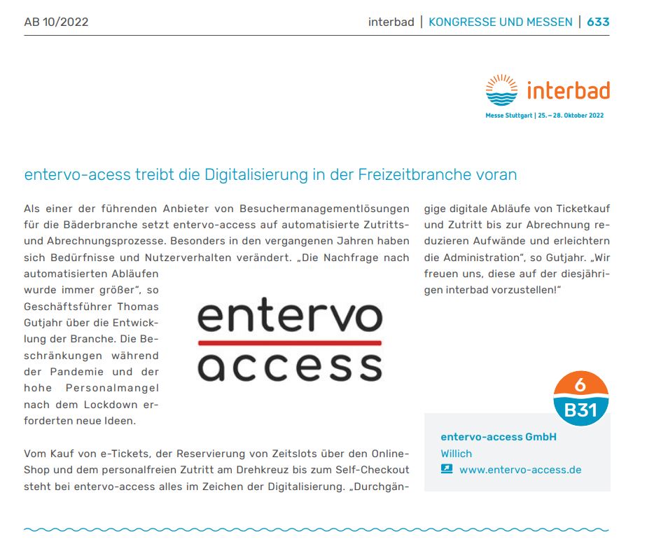 Read more about the article Archiv des Badewesens 10/2022: entervo-access treibt die Digitalisierung in der Freizeitbranche voran